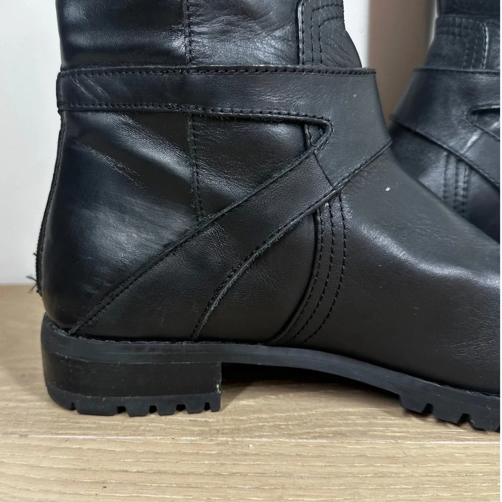 Adrienne Vittadini Boots Women 9 Black Leather Knee High Moto Buckle Riding